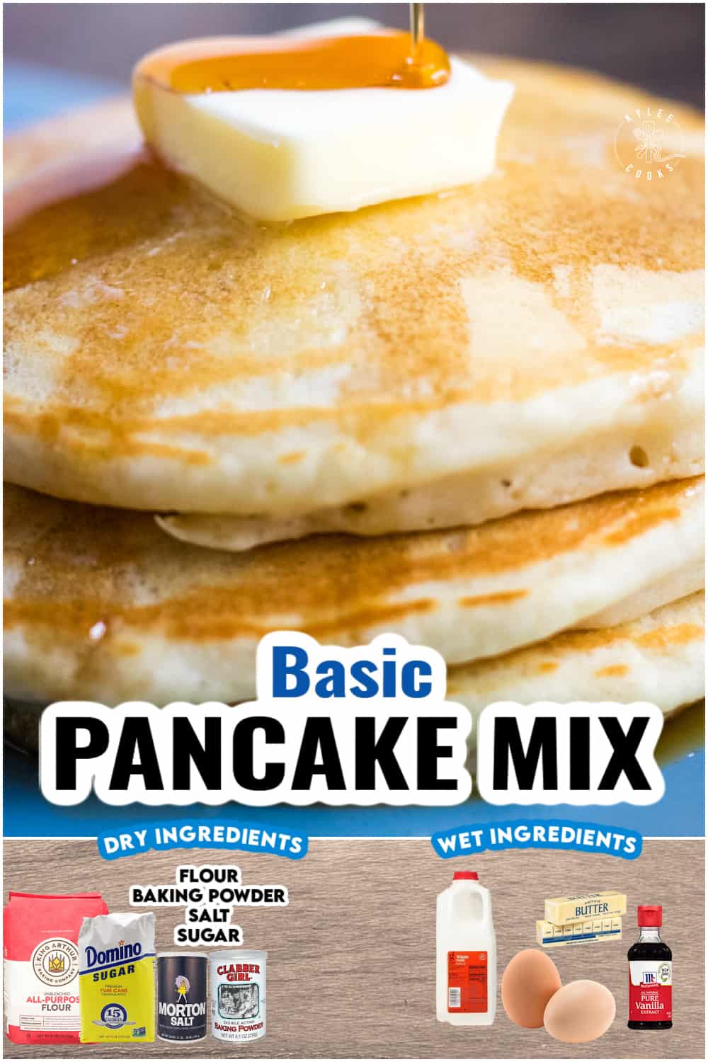 pancake stack with butter, and recipe name with ingredients overlaid in text.