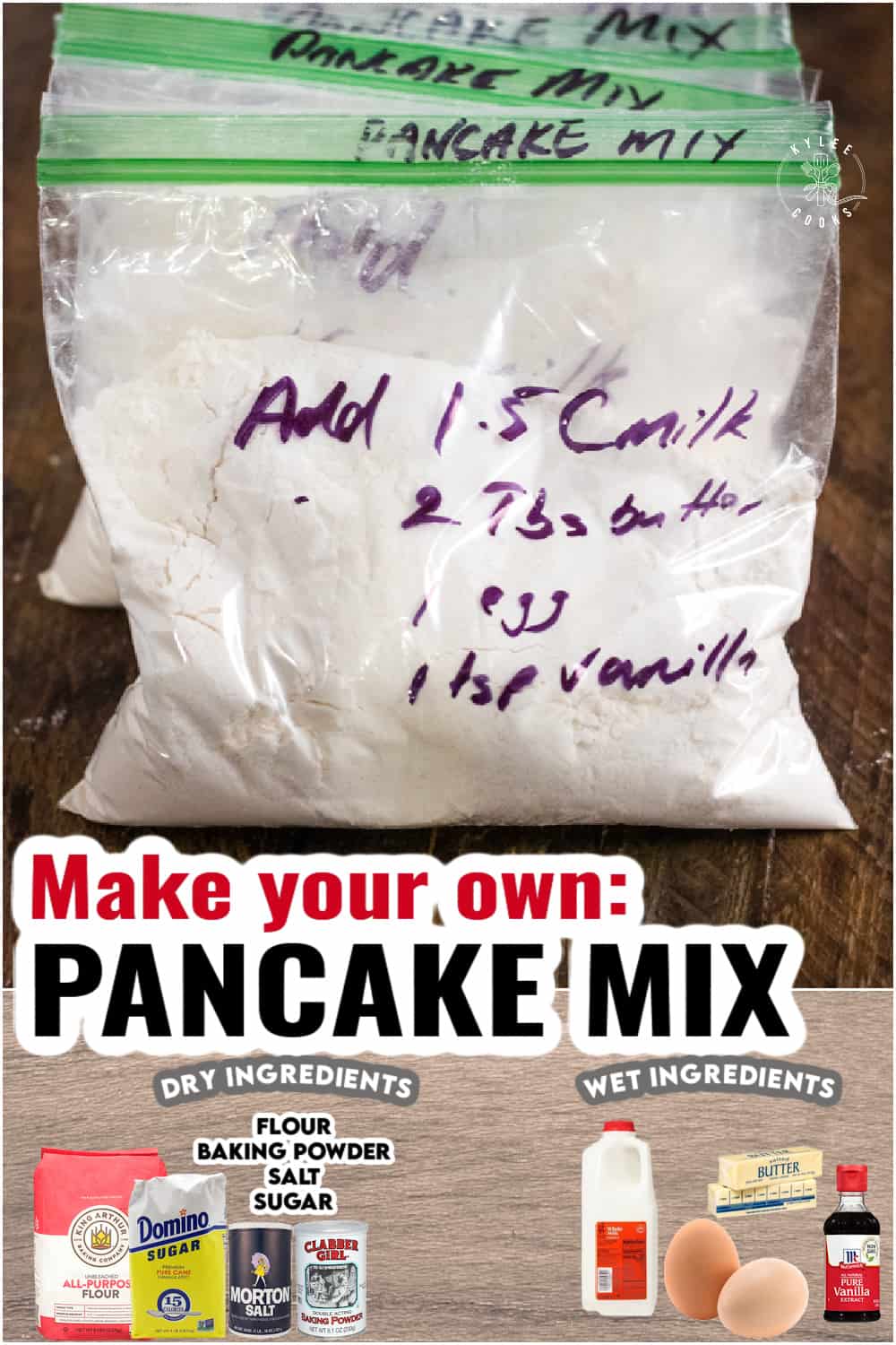 pancake mix ingredients and recipe name with ingredients overlaid in text.
