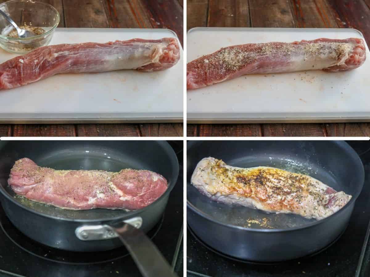 step by step seasoning and searing pork tenderloin