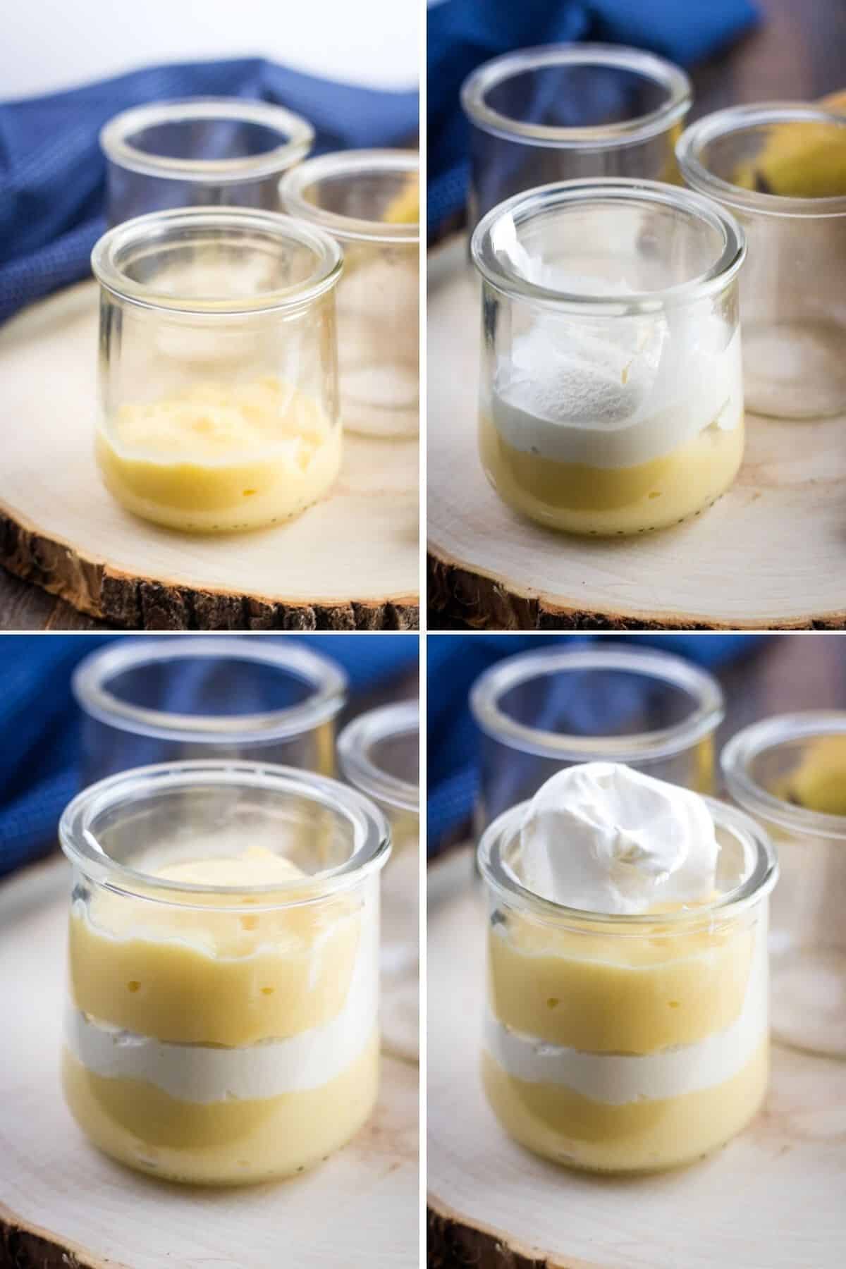 collage of process shots showing the assembly of banana cream parfaits