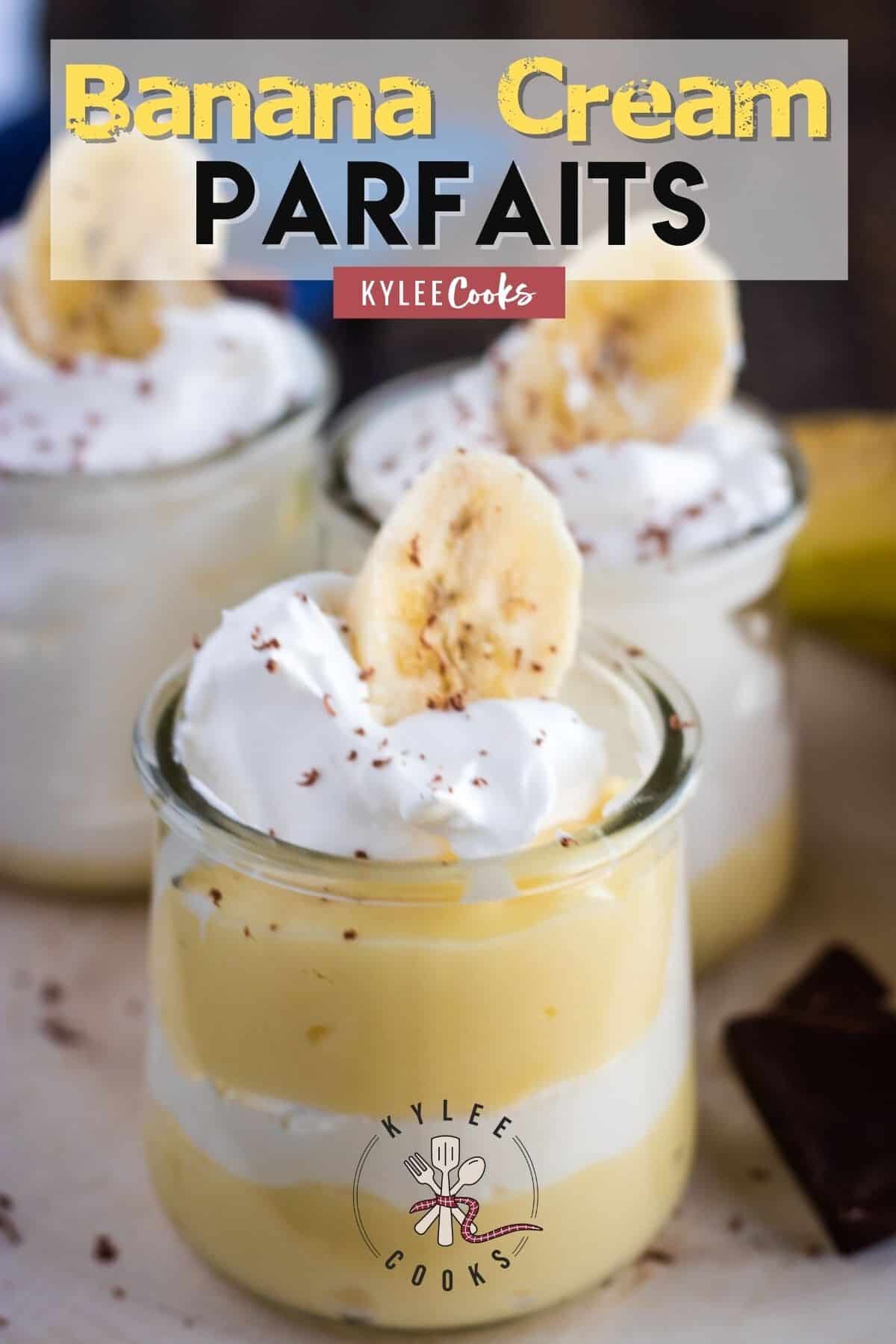 banana cream parfaits with recipe name overlaid in text