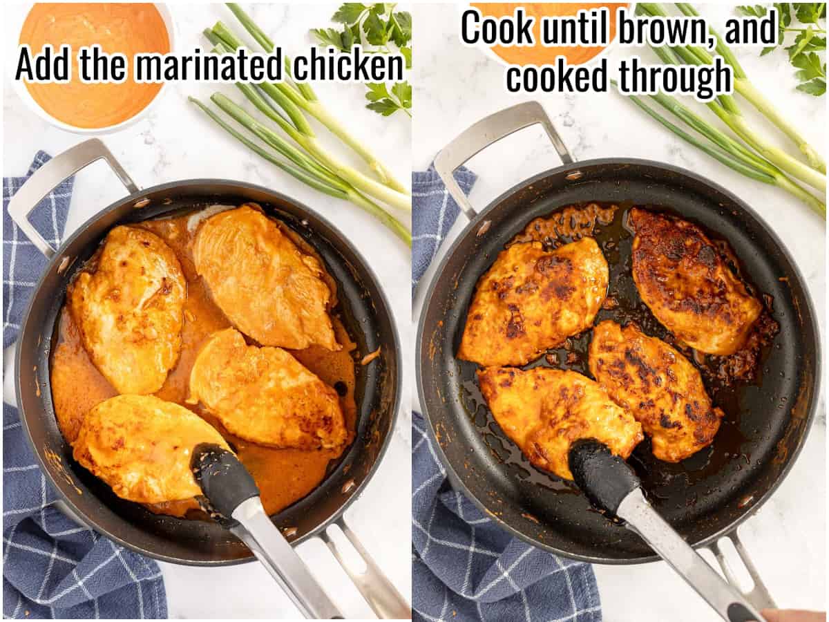 Two pictures demonstrating how to cook chicken in a frying pan.