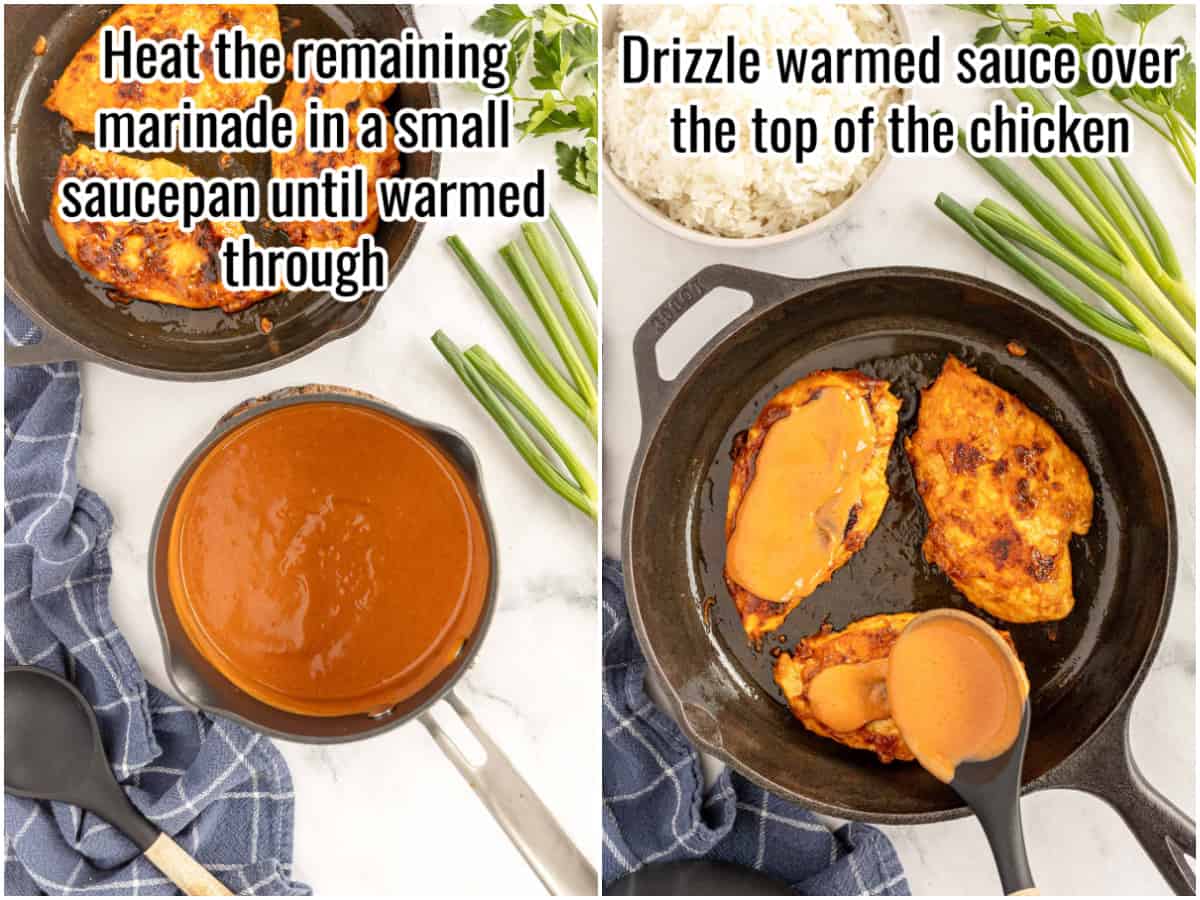 Two pictures showing chicken diablo in a skillet and a saucepan of extra marinade.