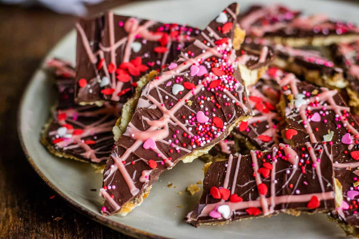 valentines day saltine toffee on a plate