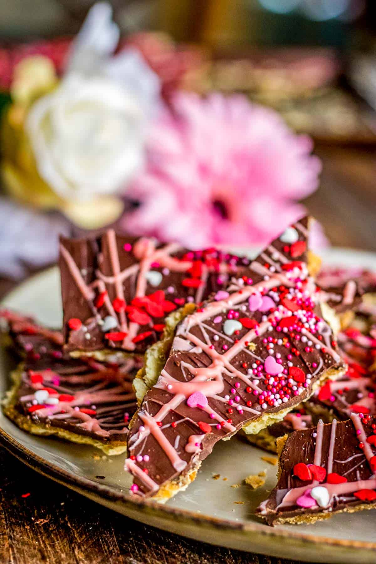 valentines day saltine toffee on a plate