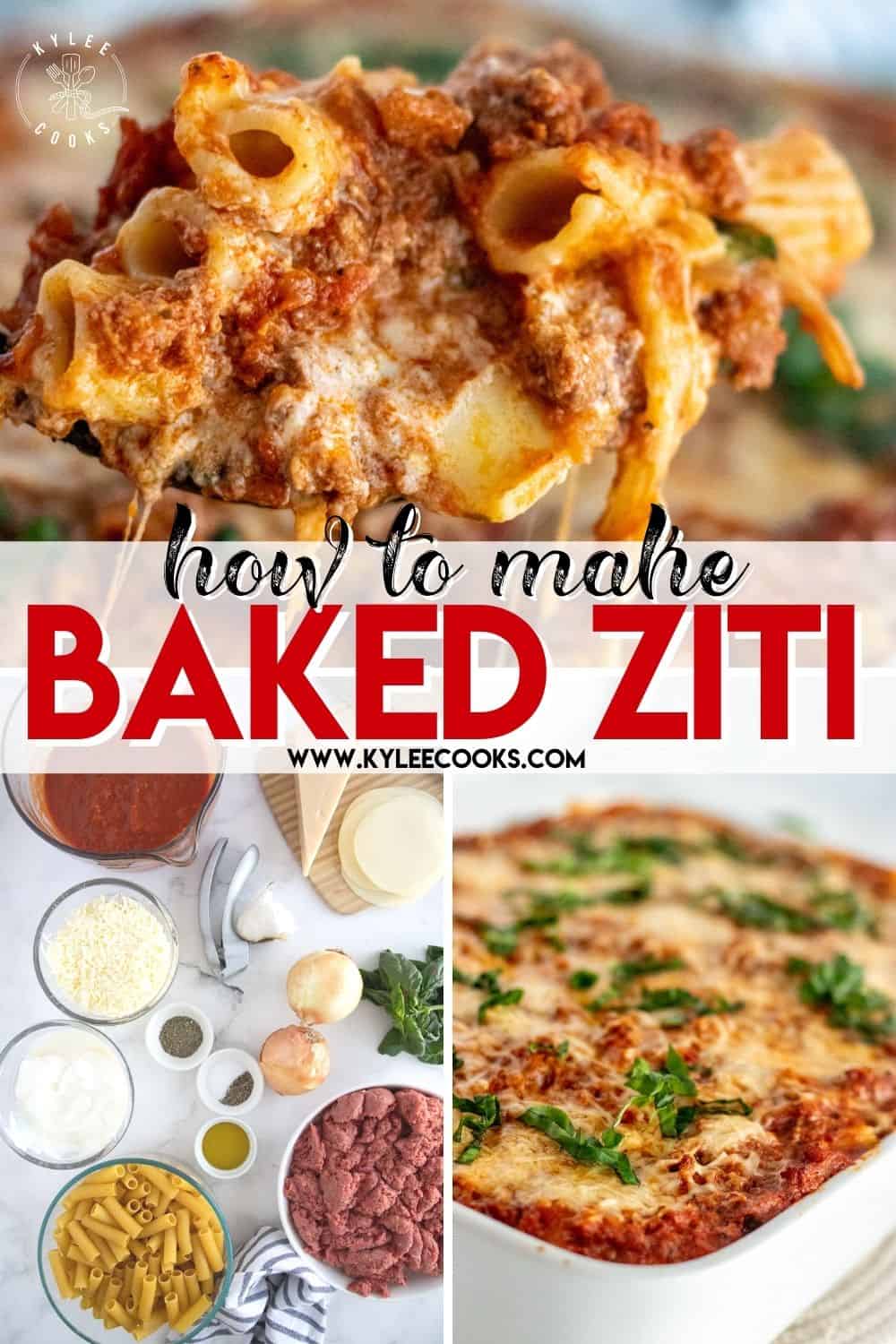 Baked ziti in a white baking dish with recipe name overlaid in text