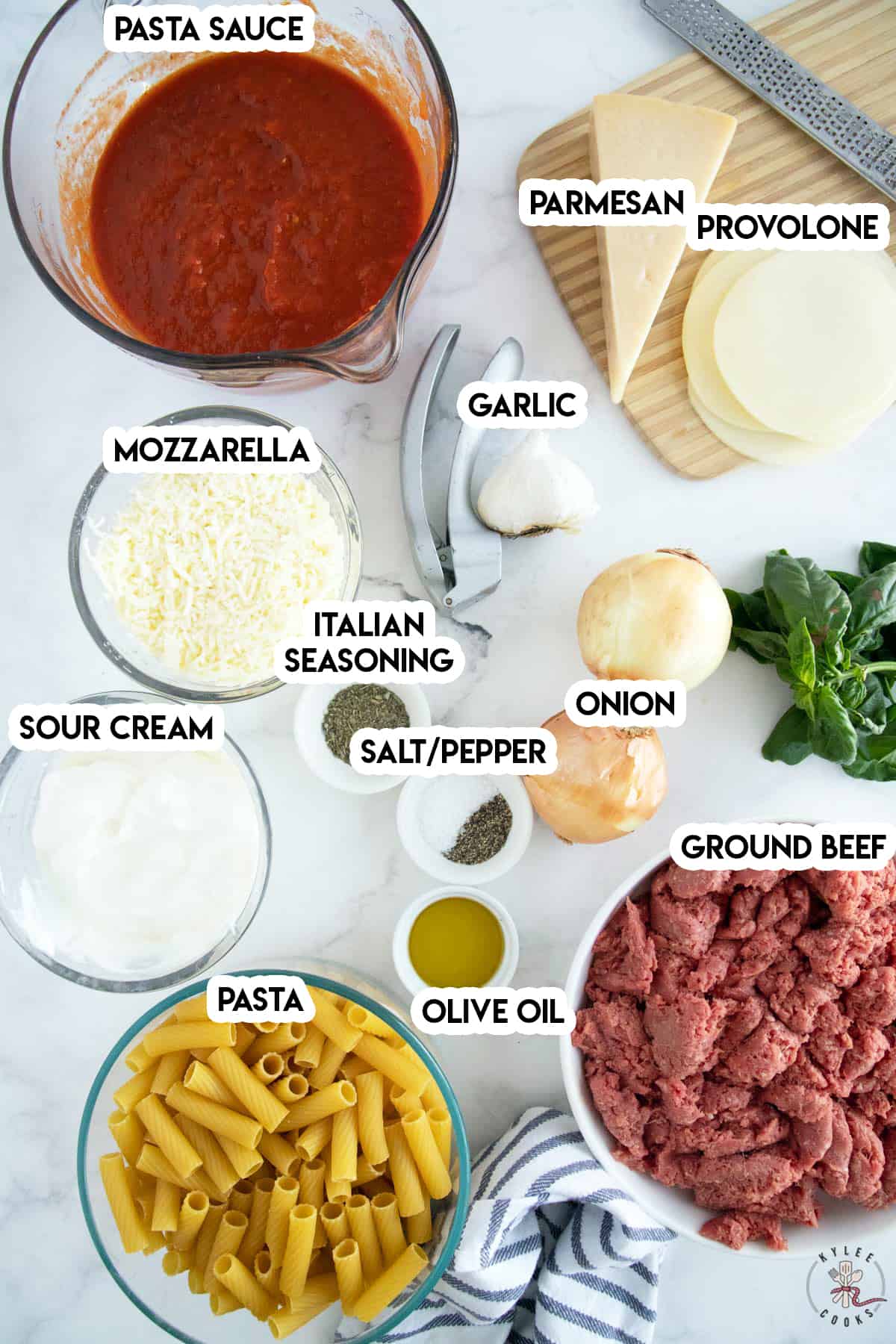 ingredients to make baked ziti laid out and labeled