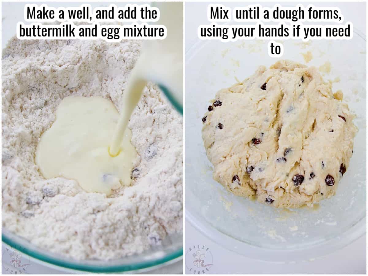 step by step making soda bread, mixing dry and wet ingredients together, and shaping into dough