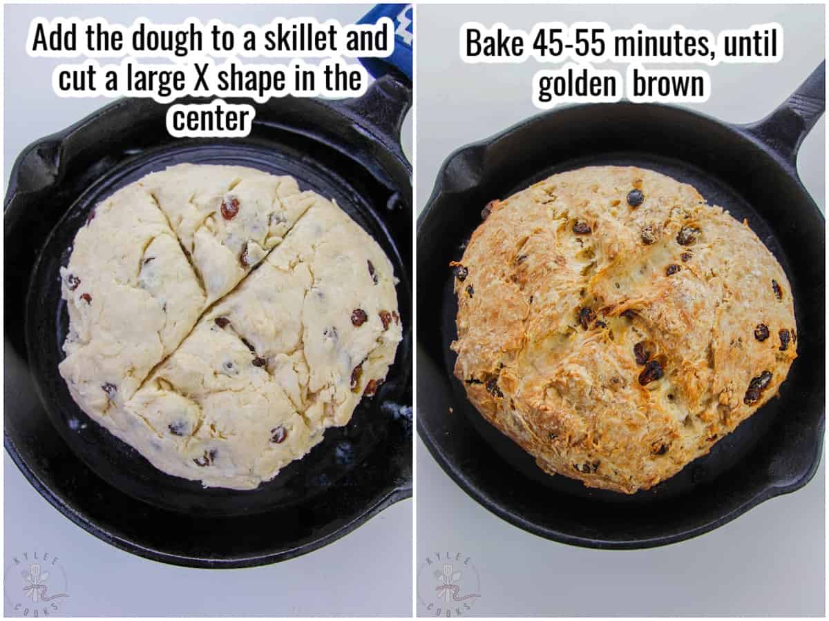 side by side by side pics of unbaked and baked soda bread