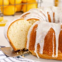 lemon bundt cake with a slice taken out