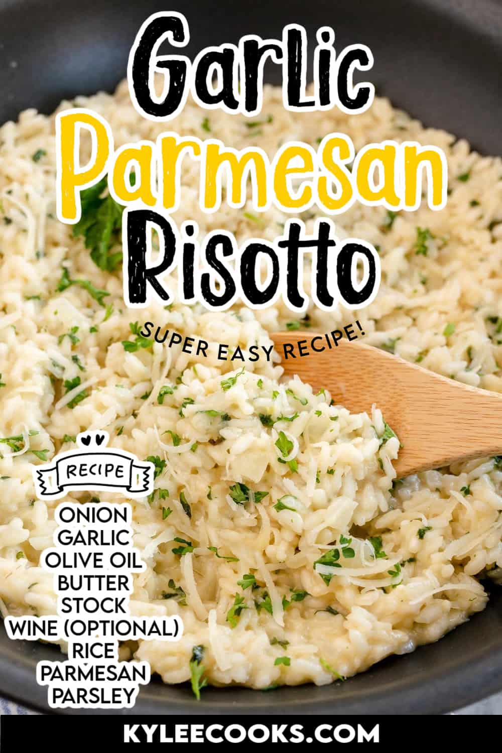garlic parmesan risotto with recipe name and ingredients overlaid in text.