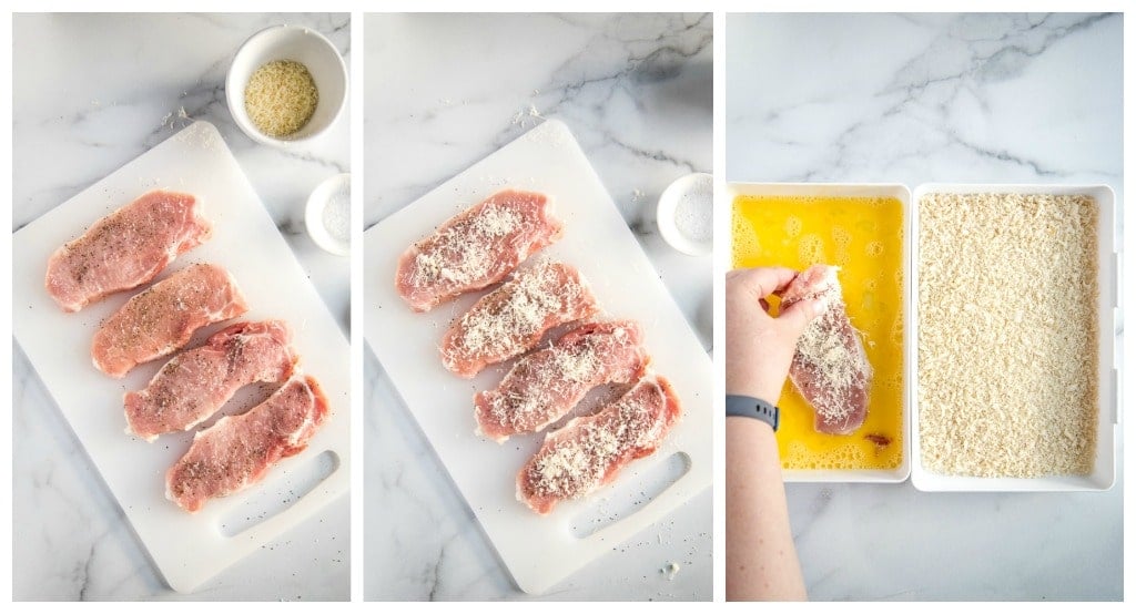 collage of process shots to bread pork schnitzel