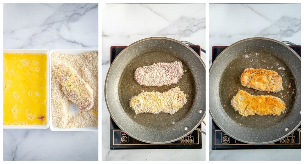 collage of process shots to pan fry pork schnitzel