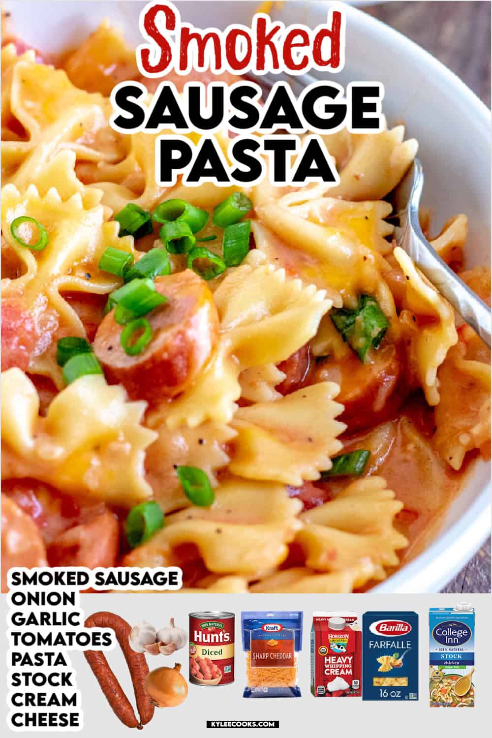 sausage pasta in a bowl with recipe name and ingredients overlaid in text and images.