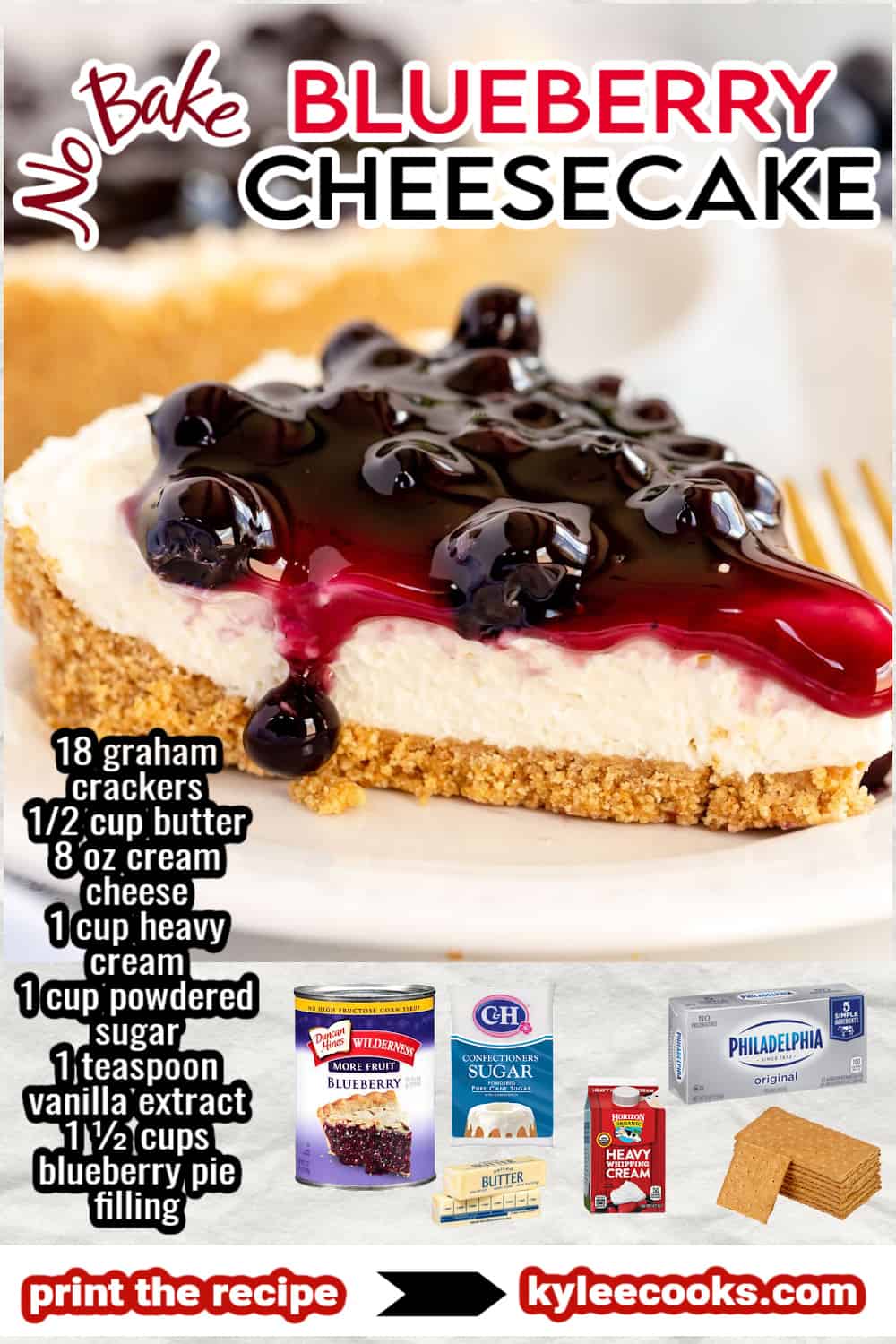 no bake blueberry cheesecake on a plate with recipe name and ingredients overlaid in text and images.