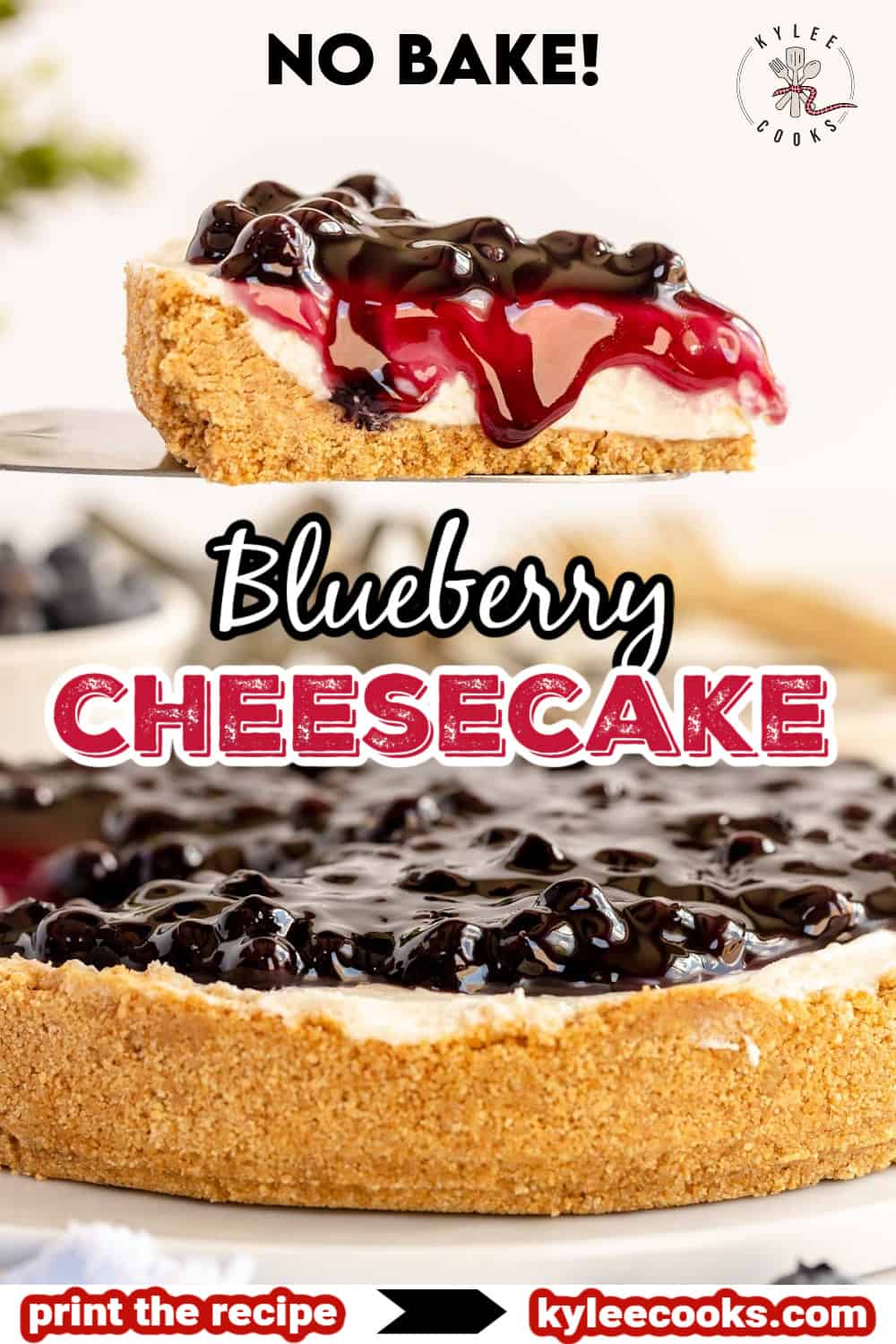 no bake blueberry cheesecake on a plate with recipe name and ingredients overlaid in text.