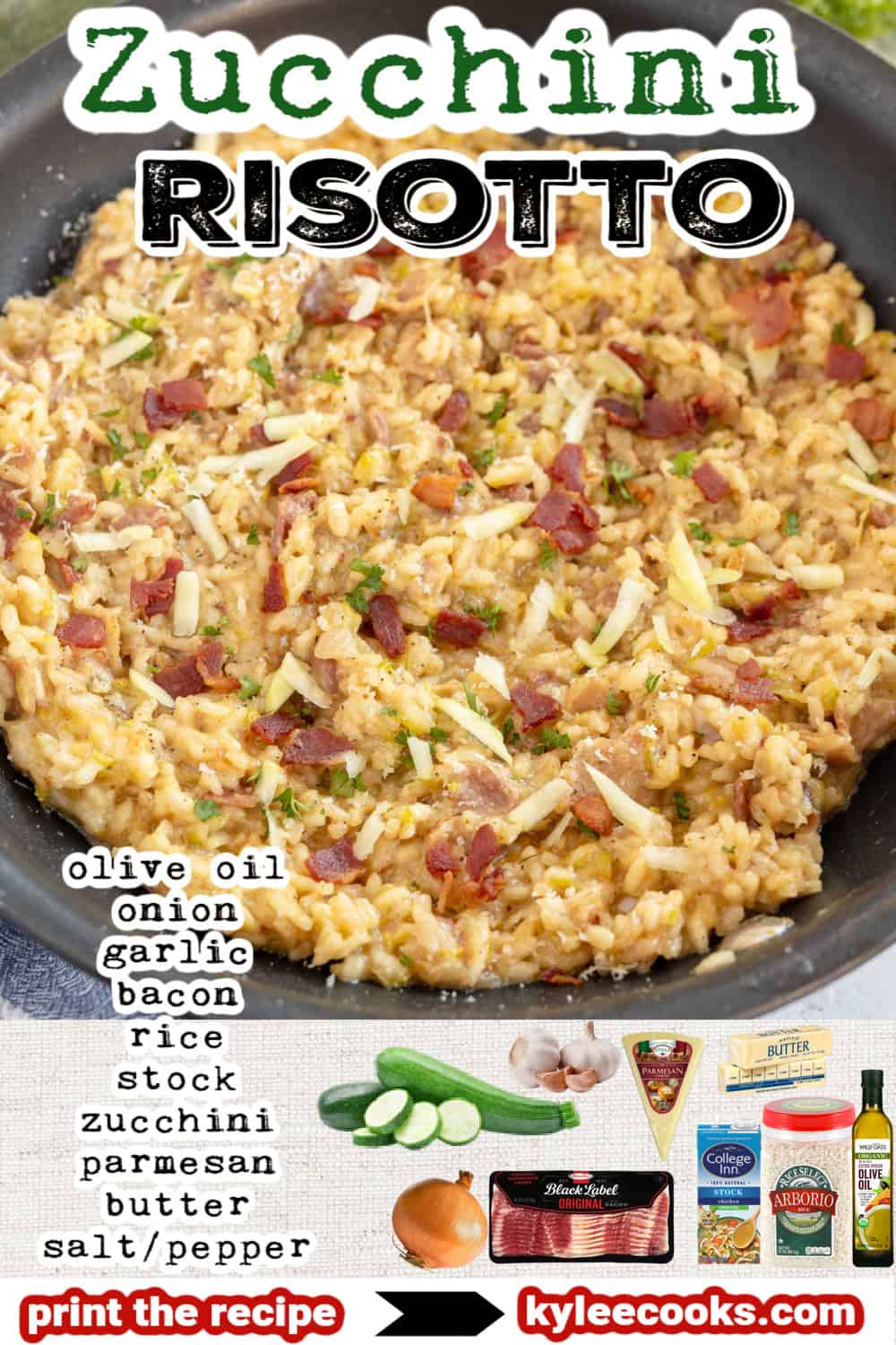 zucchini risotto with recipe name overlaid in text.