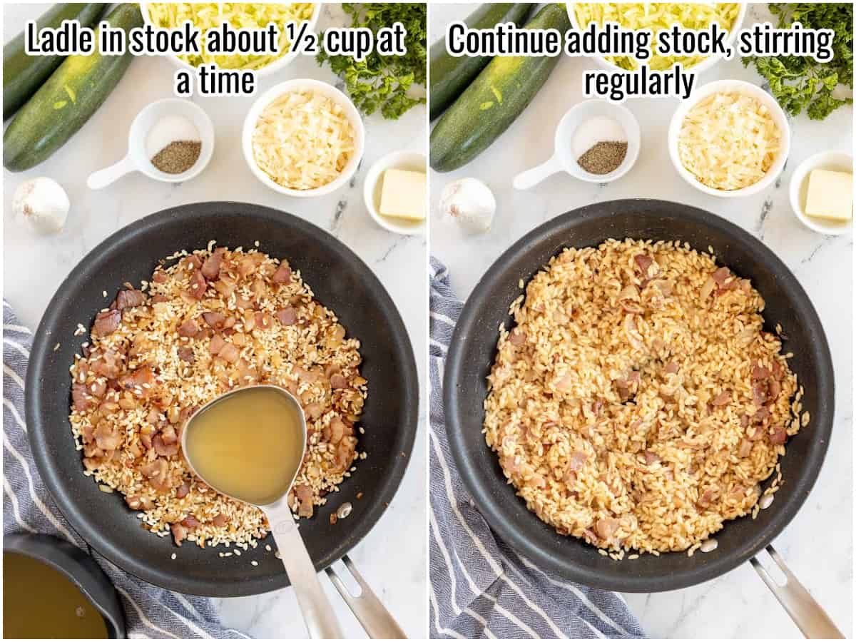 collage of images, showing adding stock to risotto.