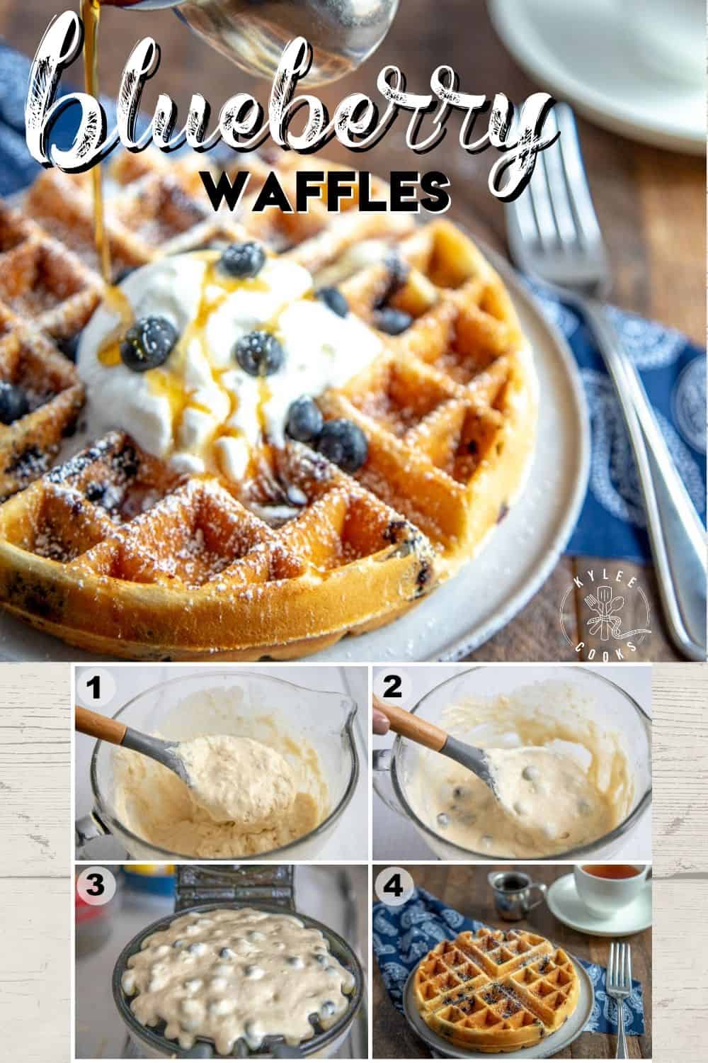 Collage of blueberry waffles with process shots.