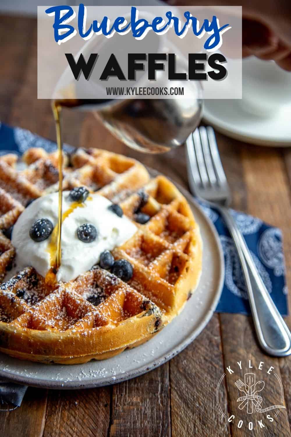 Blueberry waffles on a plate with recipe name overlaid in text.
