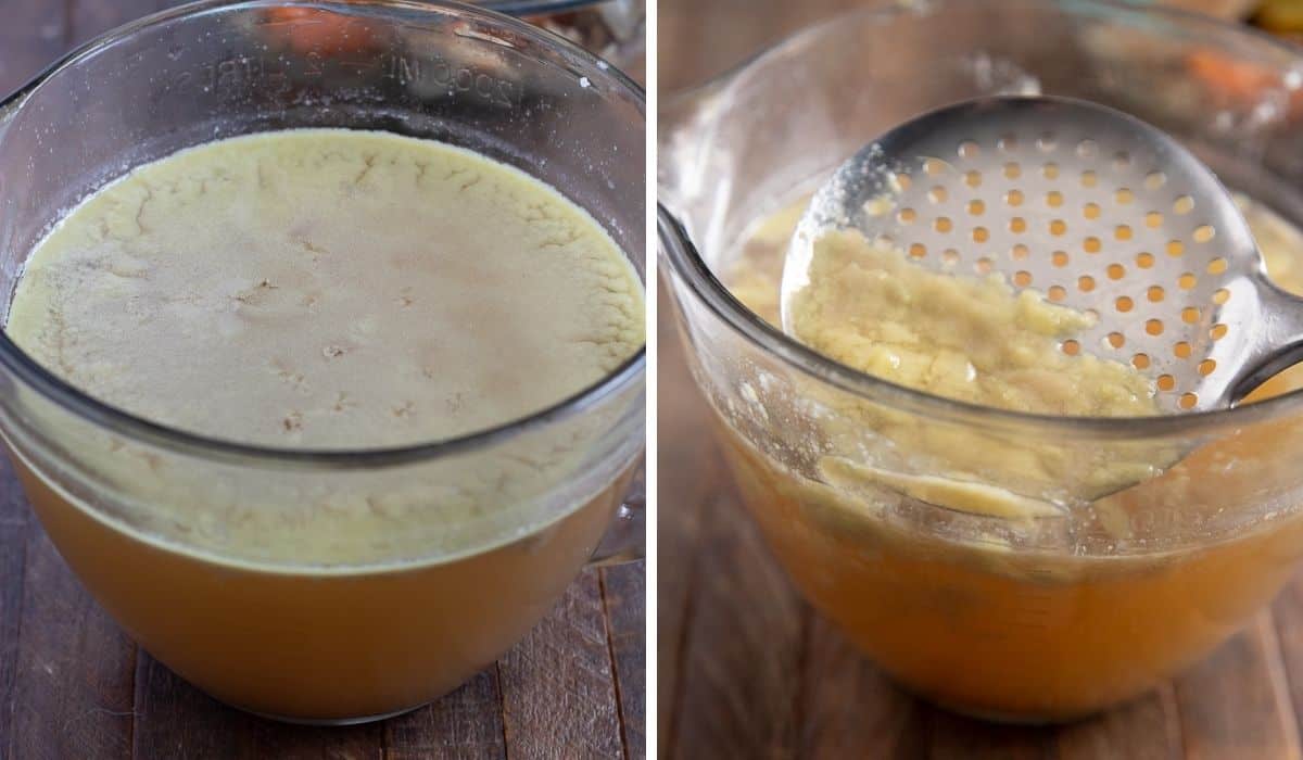 collage showing scraping the fat off the surface of homemade chicken stock