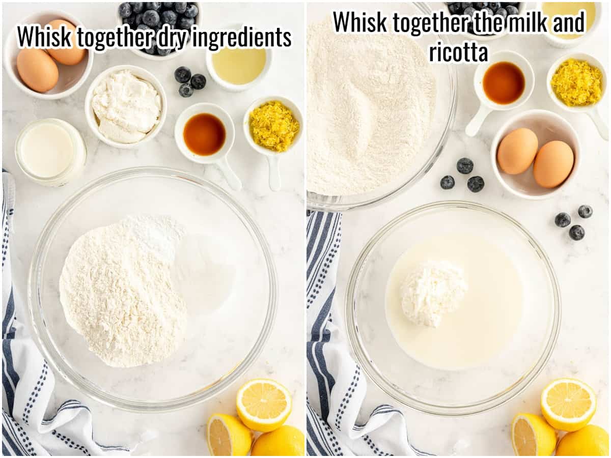 2 step by step images showing how to make batter for lemon ricotta pancakes.