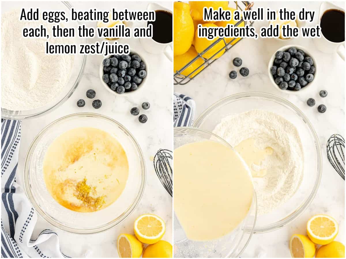 2 step by step images showing how to make batter for lemon ricotta pancakes - mixing wet and dry ingredients.