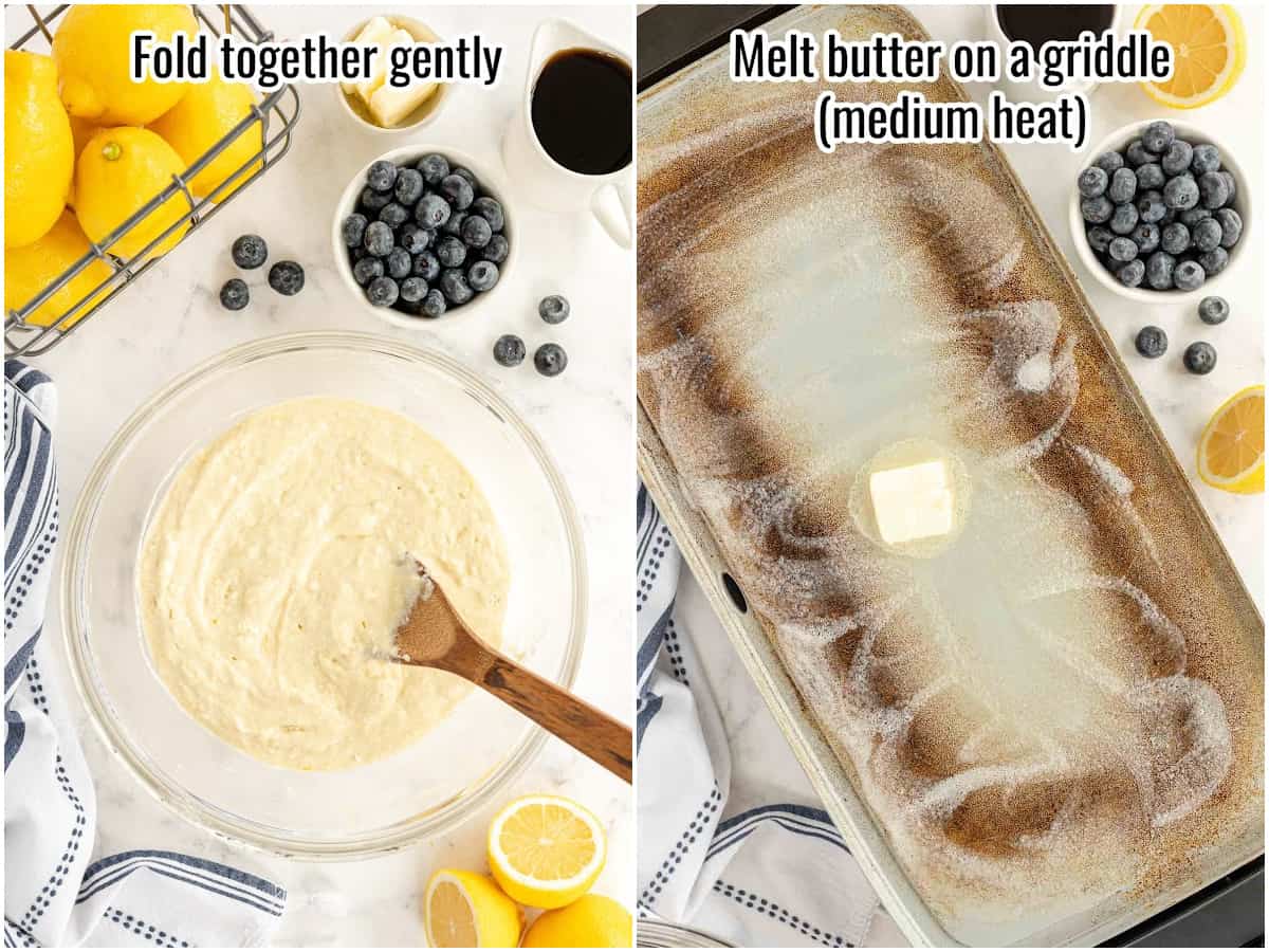 2 step by step images showing how to cook lemon ricotta pancakes.