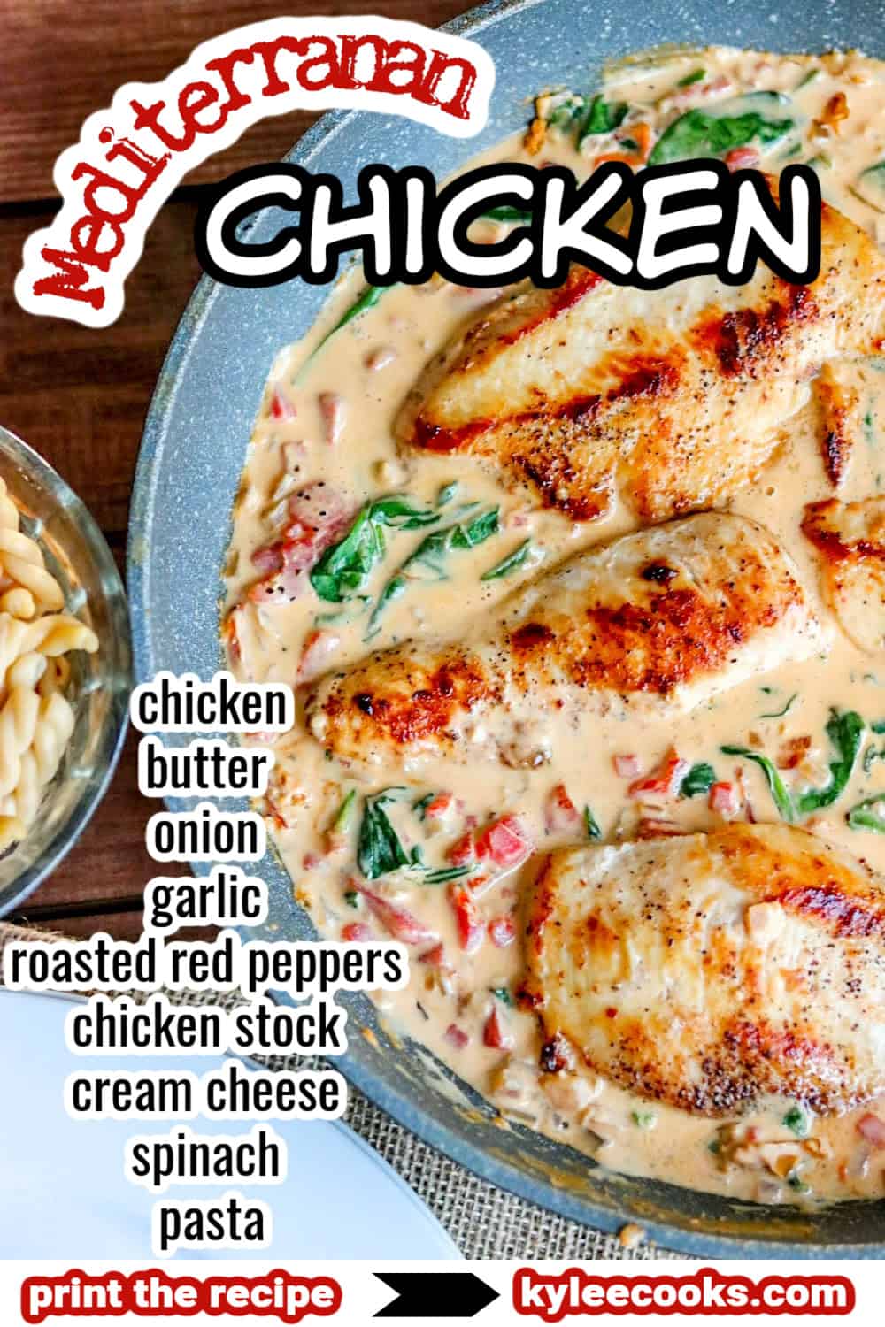 creamy mediterranean chicken in a skillet with recipe name and ingredient list overlaid in text