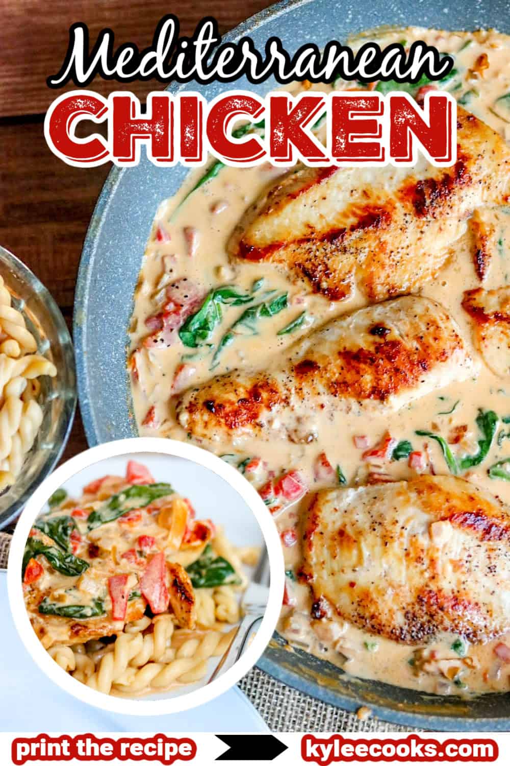 creamy mediterranean chicken in a skillet with recipe name overlaid in text