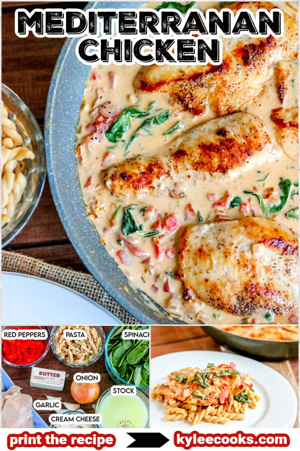creamy mediterranean chicken in a skillet with recipe name and ingredient list overlaid in text