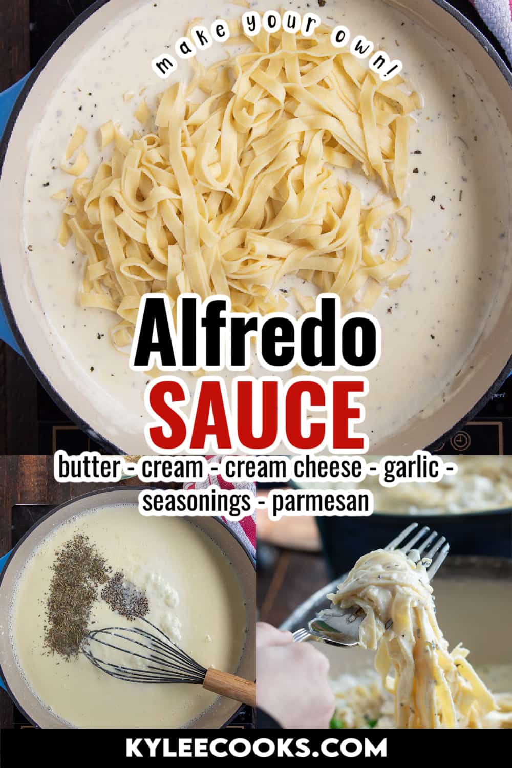 alfredo sauce in a pan with recipe name overlaid in text.