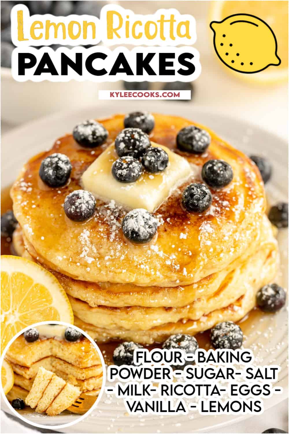 stack of pancakes with a cut lemon and blueberries with recipe name and ingredients overlaid in text.