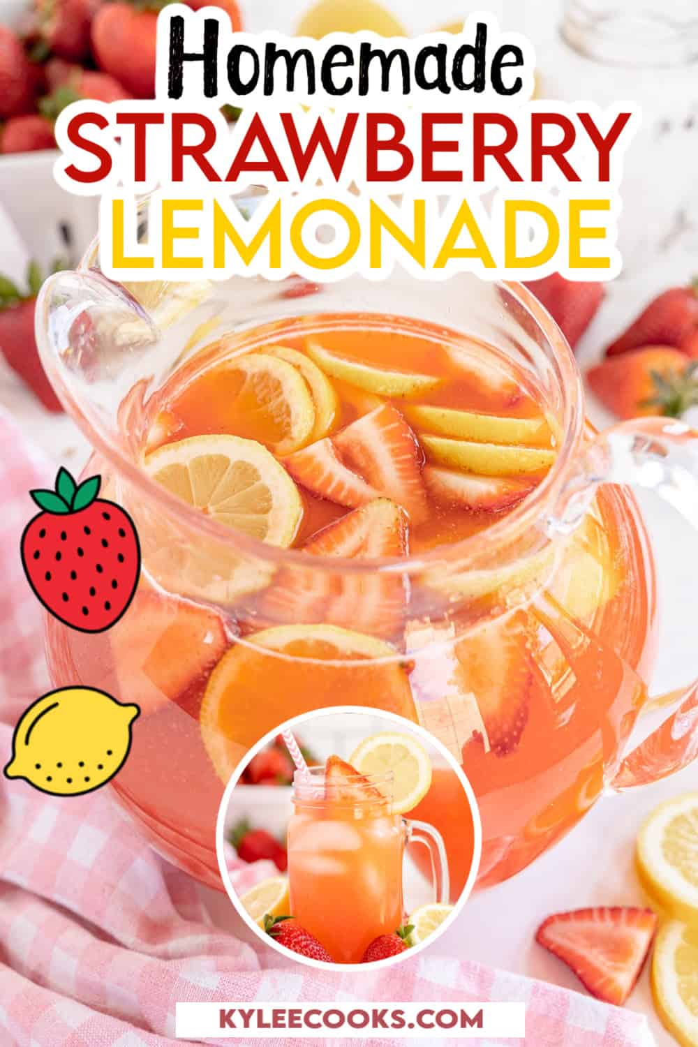 strawberry lemonade in a glass pitcher.