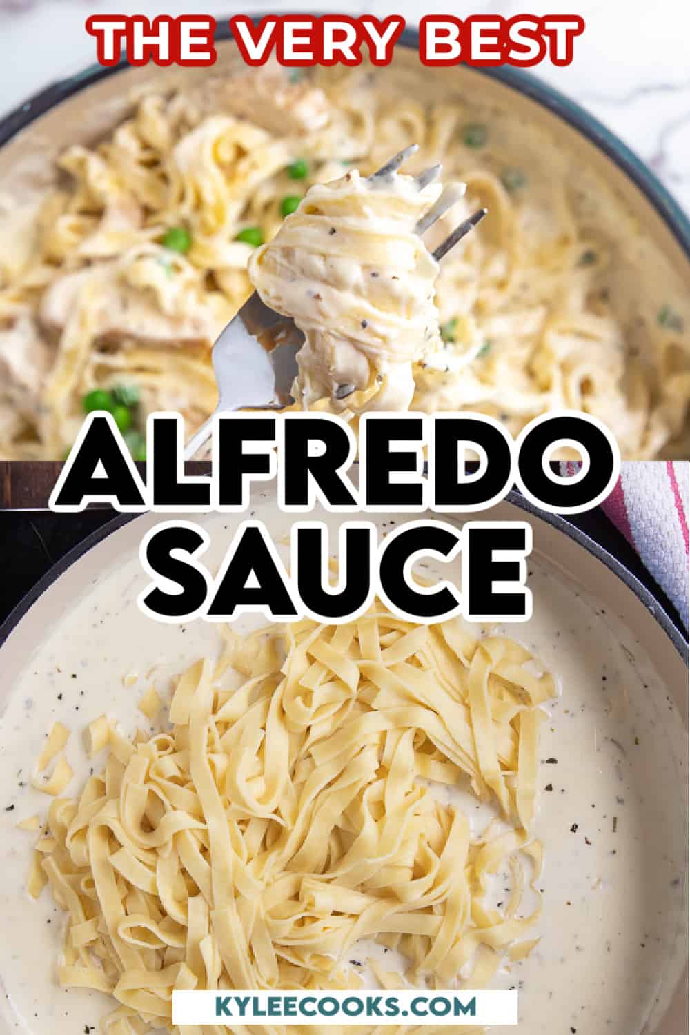 alfredo sauce in a pan with fettuccine, with recipe name overlaid in text.