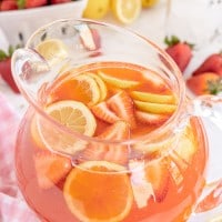 strawberry lemonade in a pitcher.