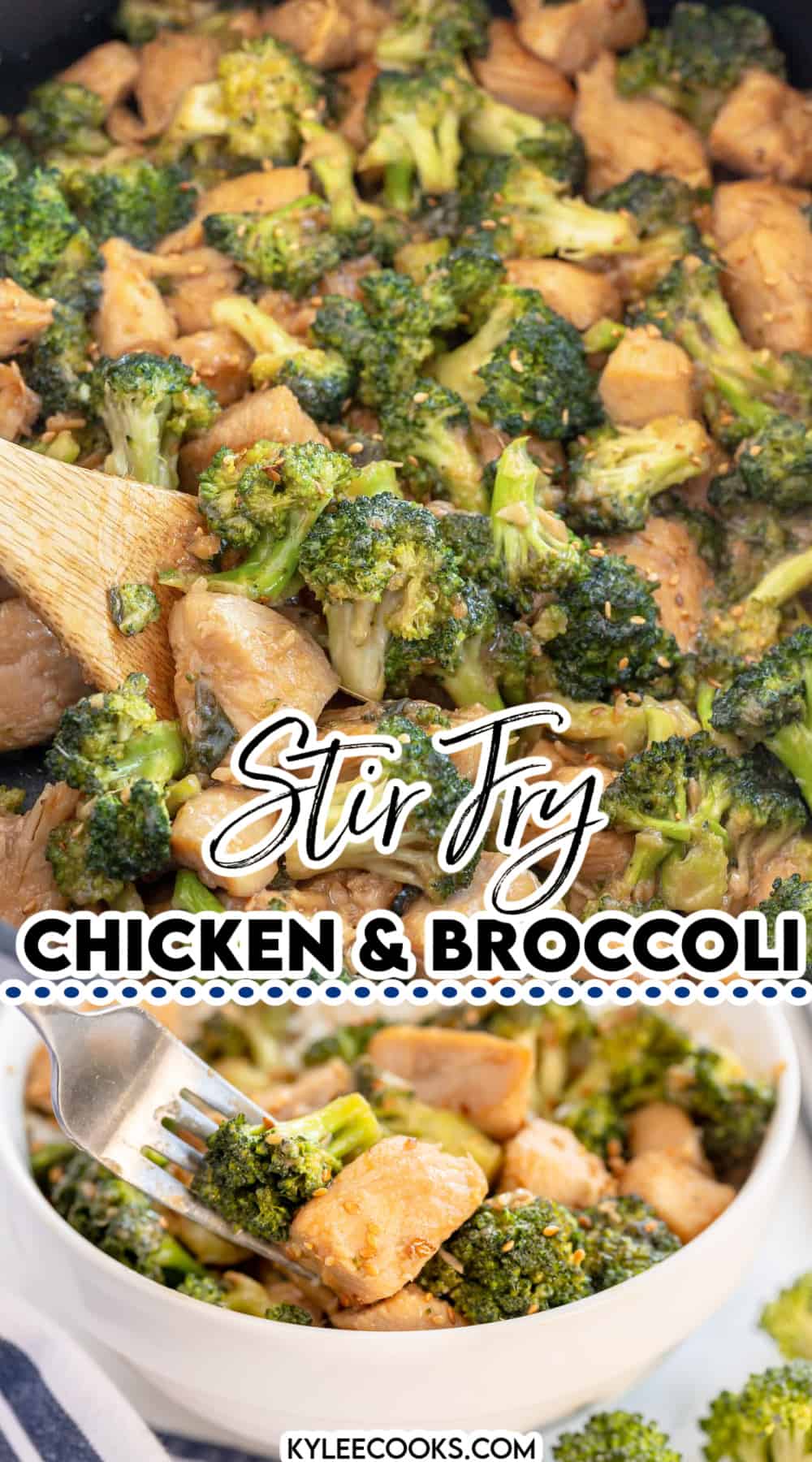 collage of chicken broccoli stir fry with recipe name overlaid in text.