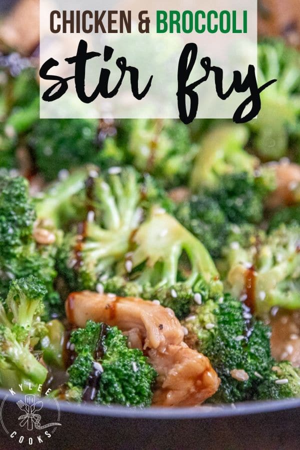 Chicken broccoli stir fry with text overlay