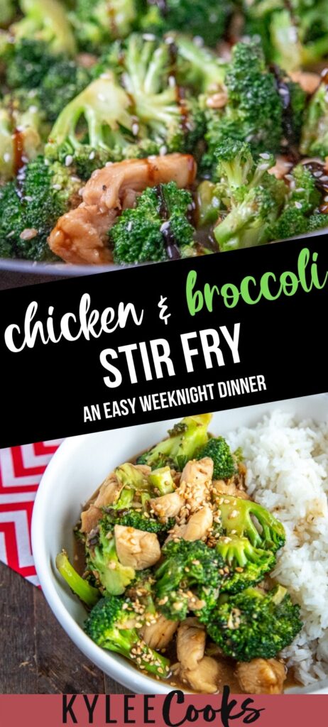 Chicken broccoli stir fry with text overlay
