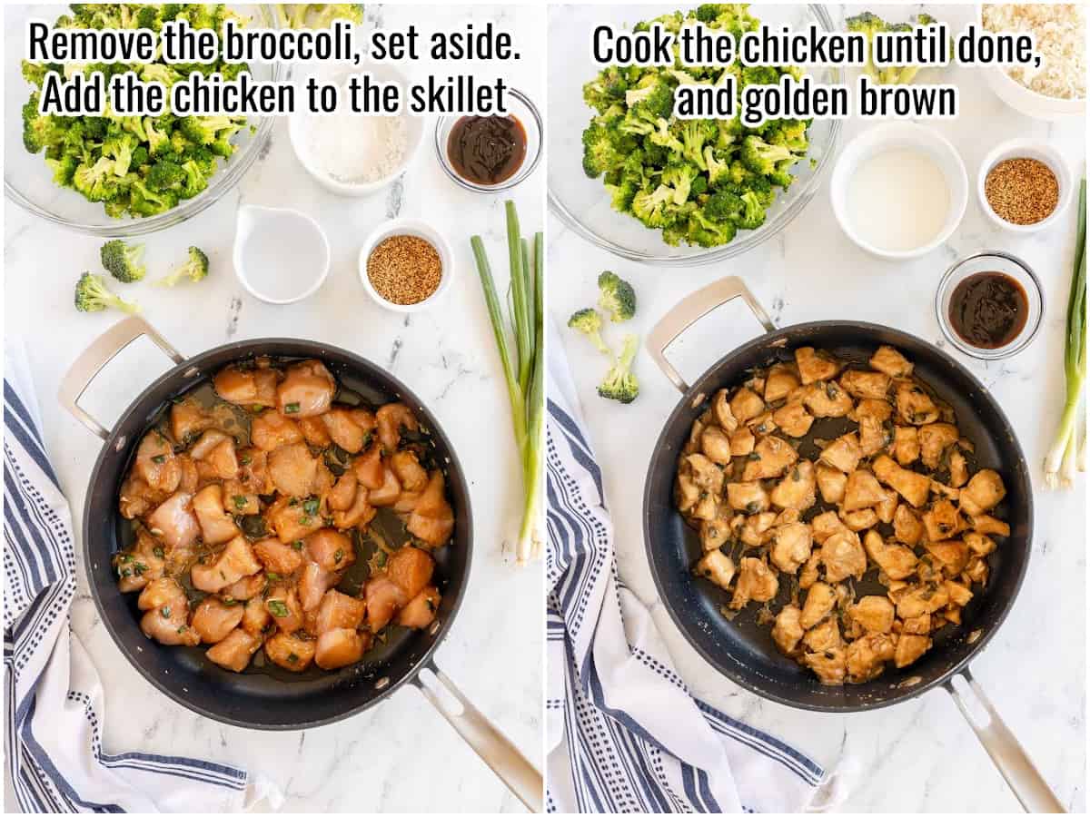 collage showing cooking chicken in a wok.