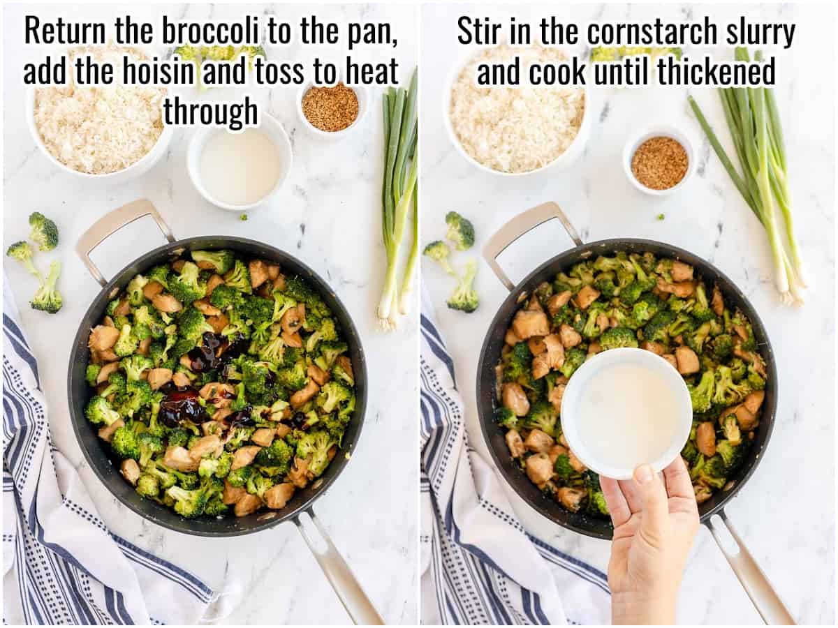 collage of chicken and broccoli in a wok, adding a cornstarch slurry to thicken the sauce.