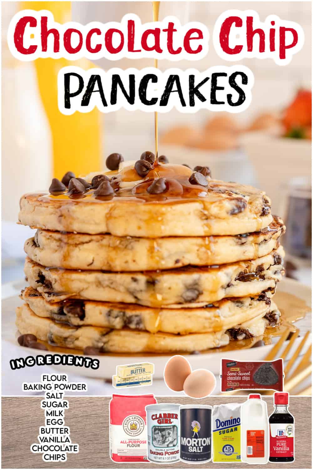 chocolate chip pancakes with recipe name overlaid in text