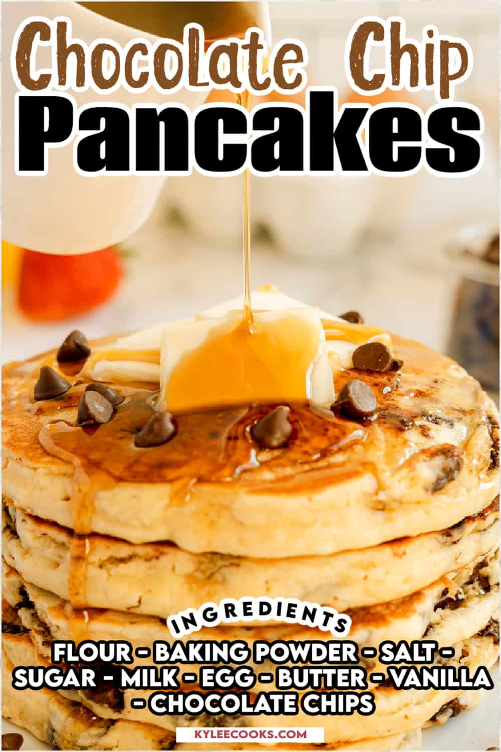 chocolate chip pancakes with recipe name overlaid in text.