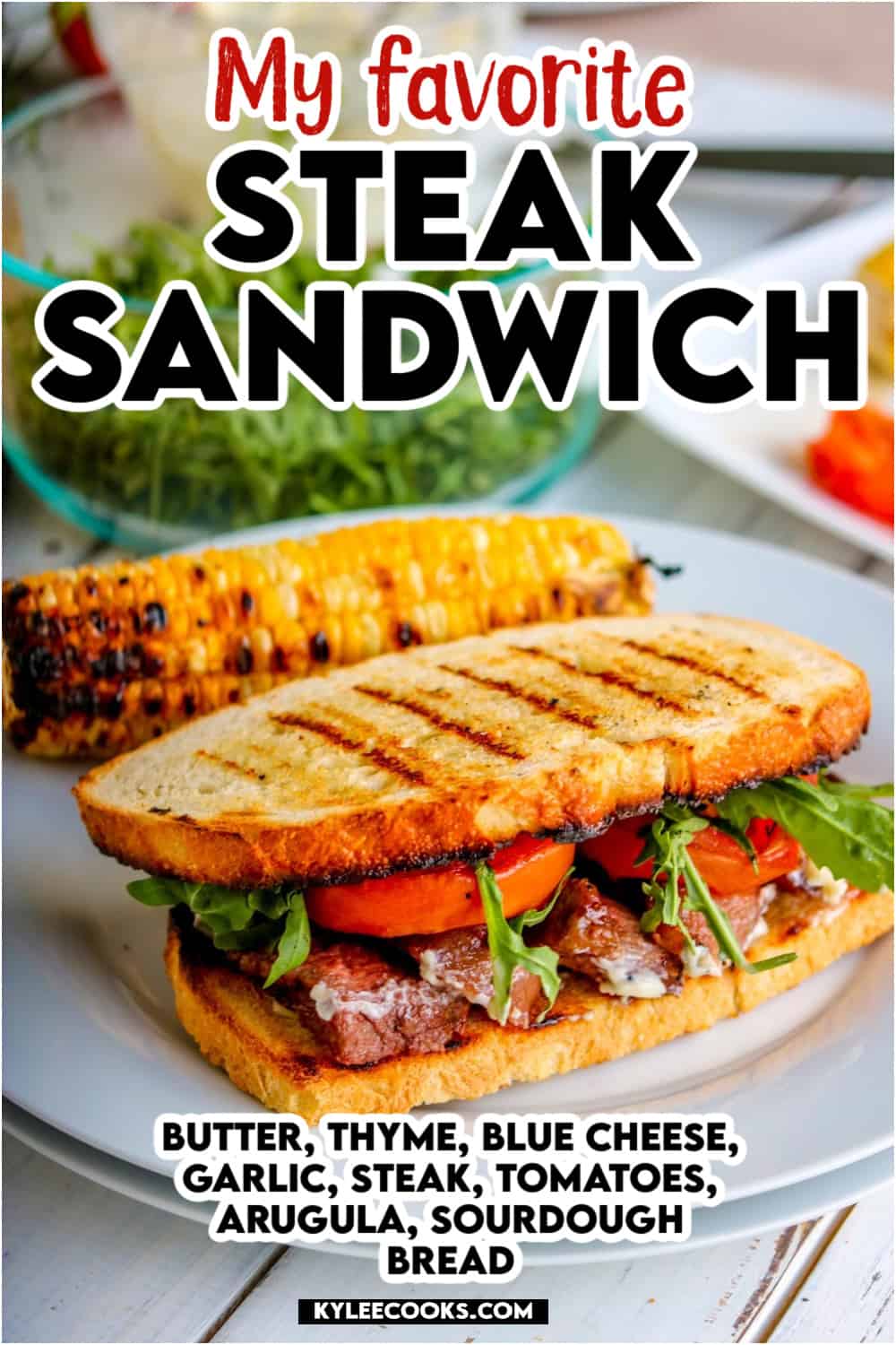 a steak sandwich with grilled bread on a white plate with recipe name and ingredients overlaid in text.