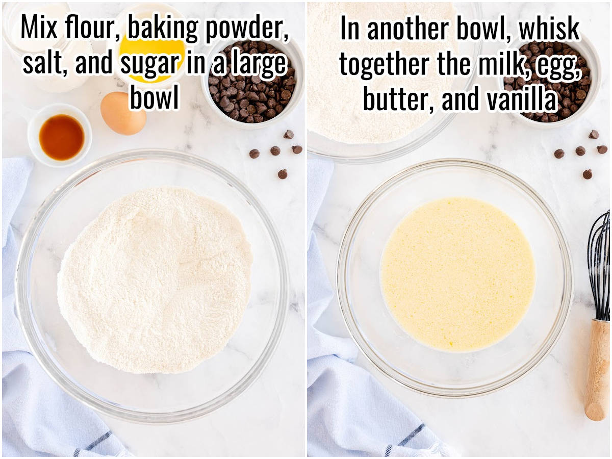 Two pictures showing how to make pancakes. Mixing the dry and wet ingredients separately.