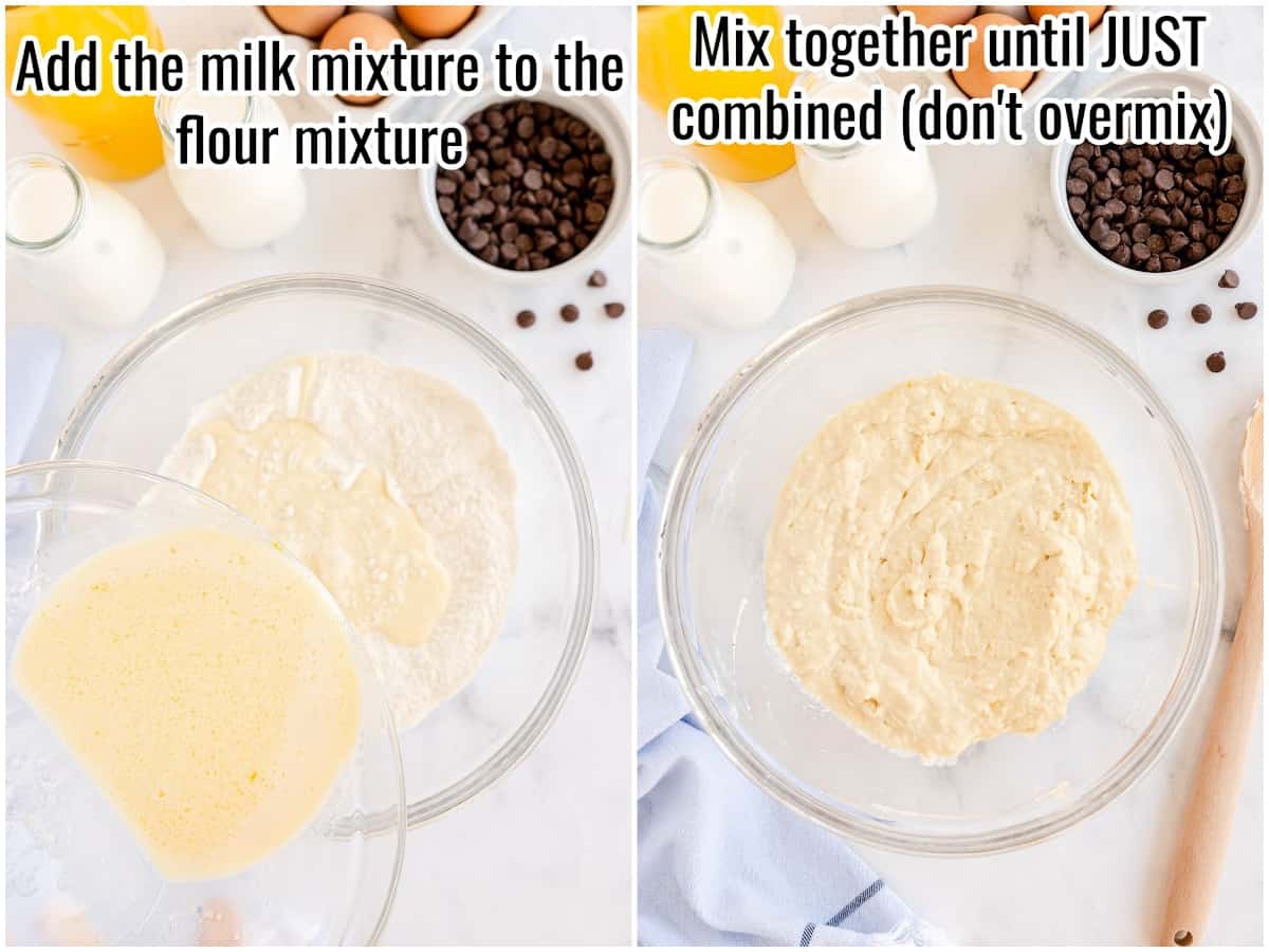 Two pictures showing how to make pancakes. Mixing the dry and wet ingredients together to make the batter.