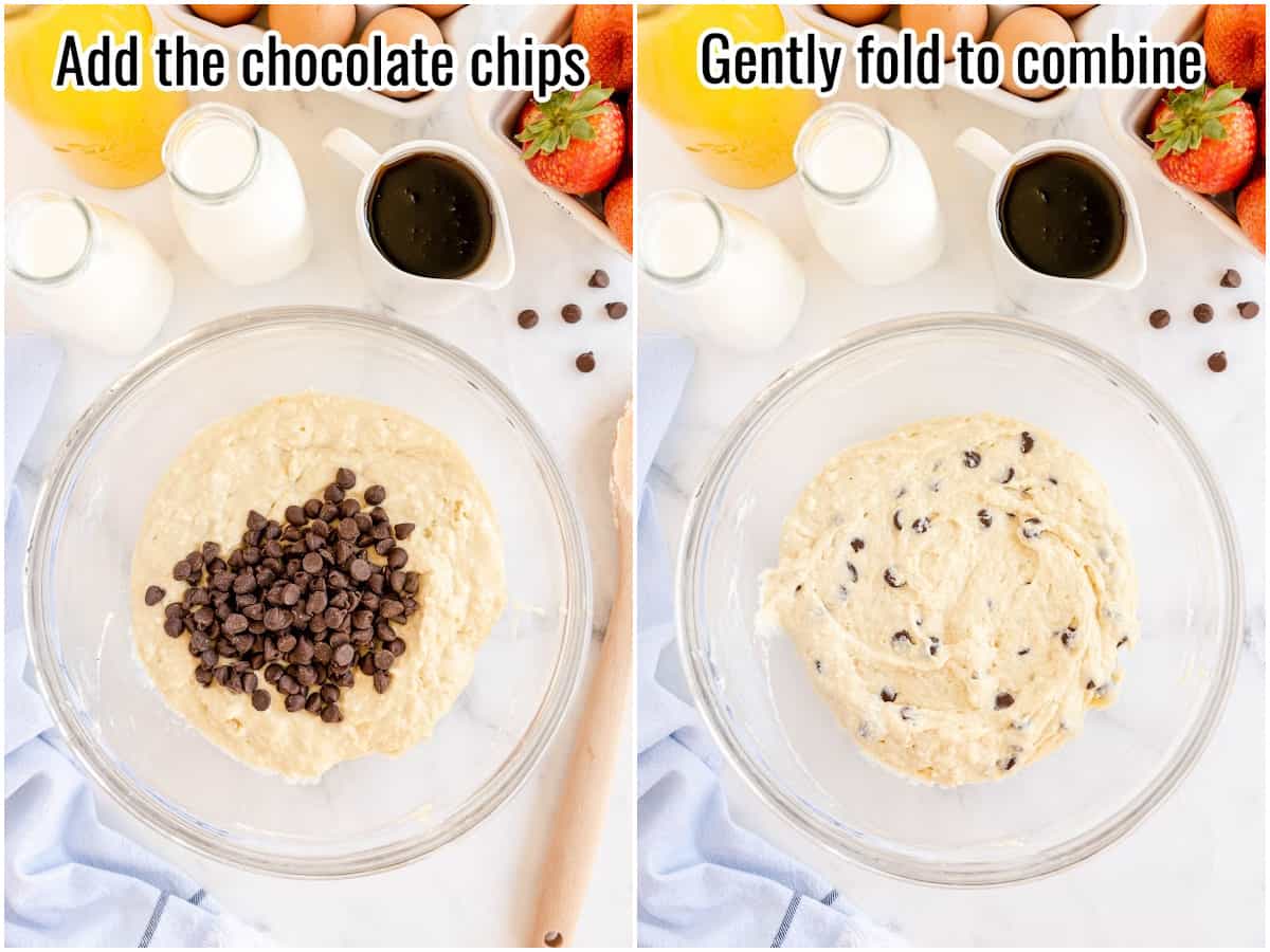 Two pictures showing how to make pancakes. Mixing in the chocolate chips.