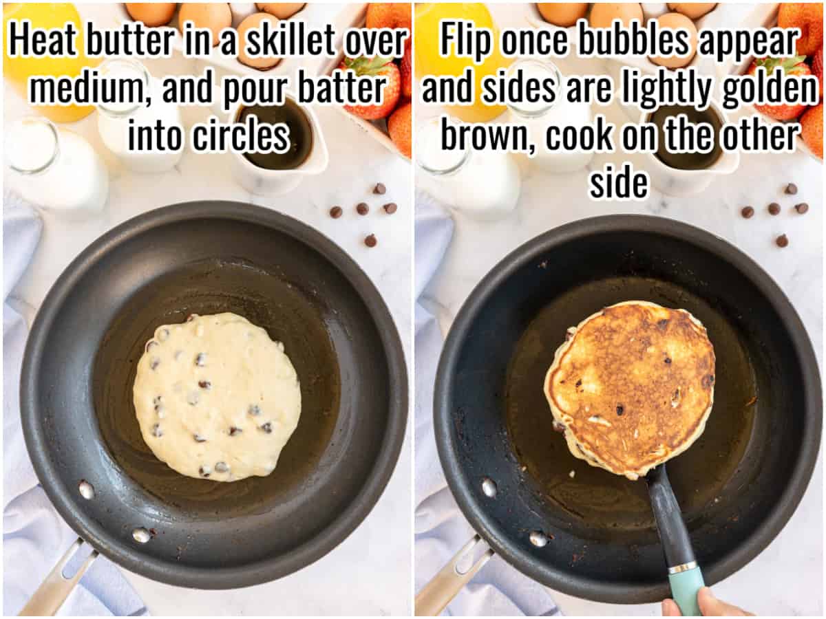 Two pictures showing how to make pancakes. An uncooked side and a cooked side.