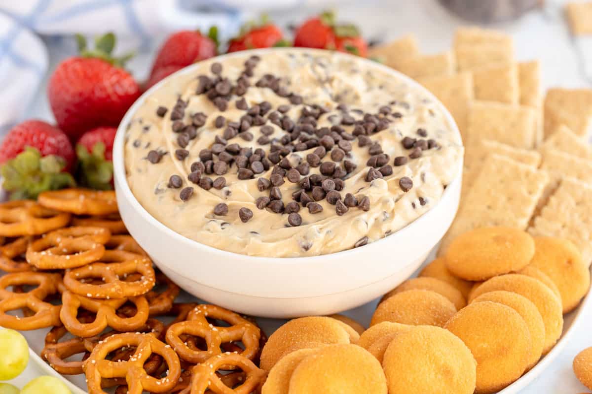A bowl of Chocolate Chip Cookie Dough Dip with pretzels and strawberries.