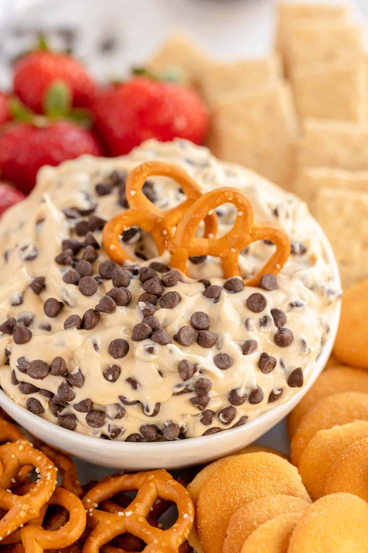 Chocolate chip cookie dough dip with strawberries and pretzels.